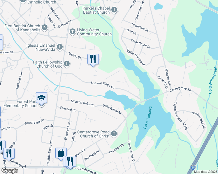 map of restaurants, bars, coffee shops, grocery stores, and more near 1804 Summit Ridge Lane in Kannapolis