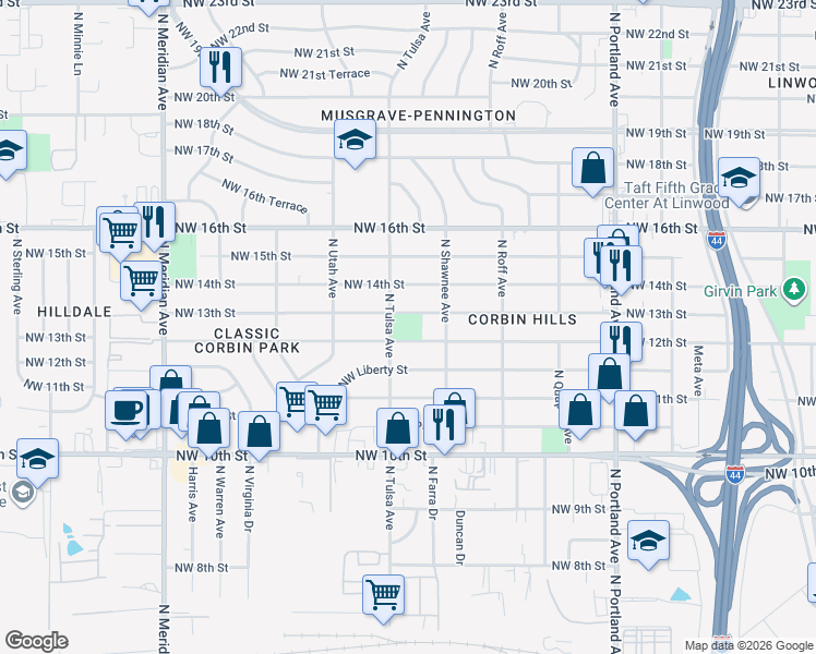 map of restaurants, bars, coffee shops, grocery stores, and more near 4033 Northwest 12th Street in Oklahoma City