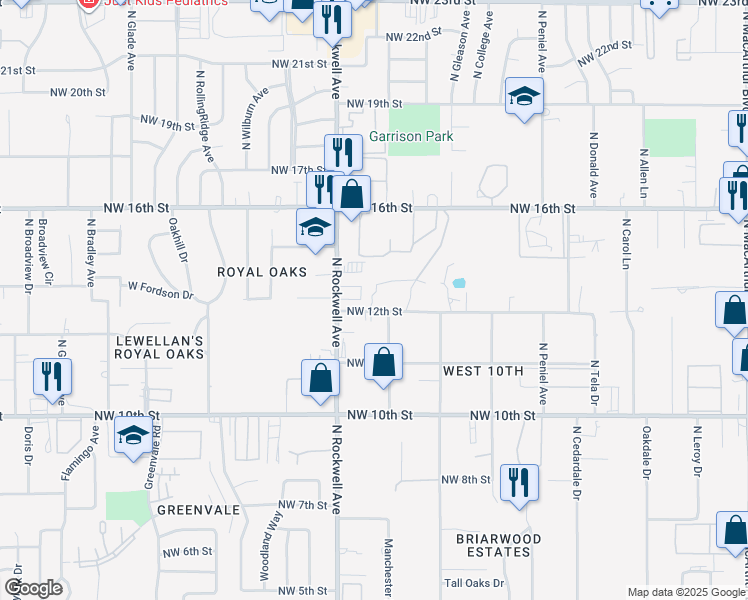 map of restaurants, bars, coffee shops, grocery stores, and more near 6810 Northwest 13th Street in Oklahoma City