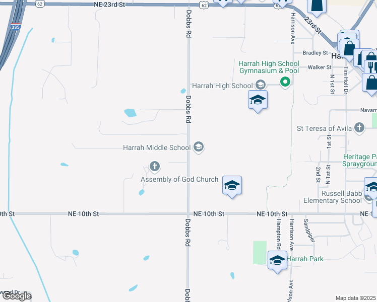 map of restaurants, bars, coffee shops, grocery stores, and more near North Dobbs Road in Harrah