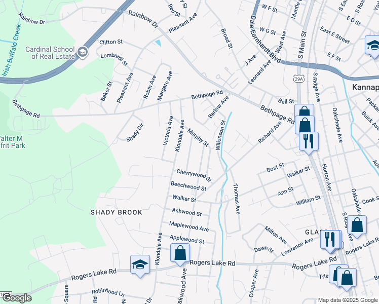 map of restaurants, bars, coffee shops, grocery stores, and more near Longview Avenue in Kannapolis
