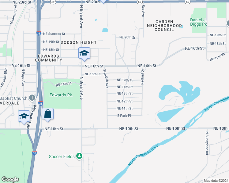 map of restaurants, bars, coffee shops, grocery stores, and more near 3121 Northeast 13th Street in Oklahoma City