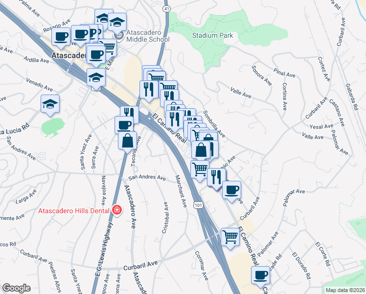 map of restaurants, bars, coffee shops, grocery stores, and more near 7350 El Camino Real in Atascadero