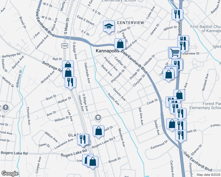 map of restaurants, bars, coffee shops, grocery stores, and more near 1003 Austin Avenue in Kannapolis