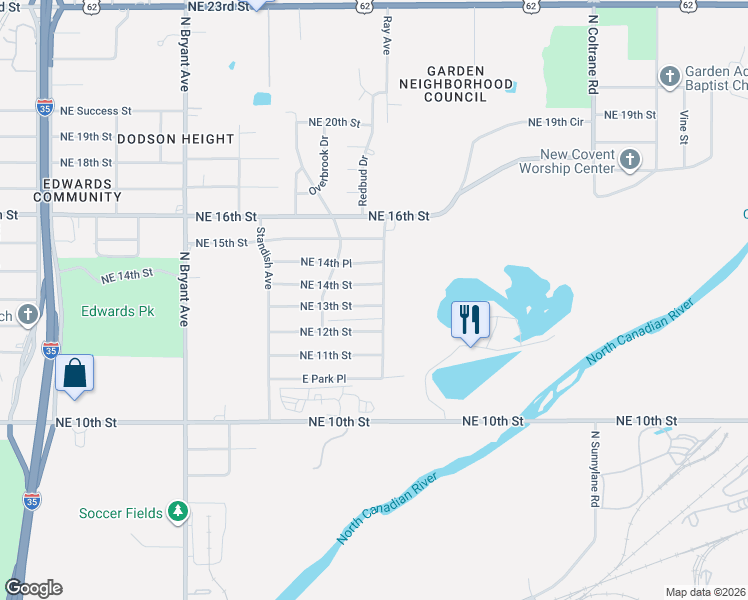map of restaurants, bars, coffee shops, grocery stores, and more near 1210 Redbud Drive in Oklahoma City