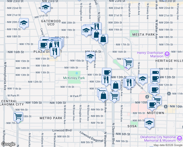 map of restaurants, bars, coffee shops, grocery stores, and more near 1222 Northwest 13th Street in Oklahoma City