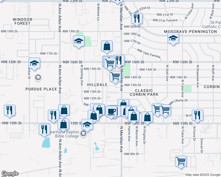 map of restaurants, bars, coffee shops, grocery stores, and more near 1309 North Meridian Avenue in Oklahoma City