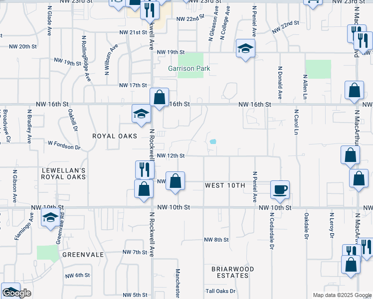 map of restaurants, bars, coffee shops, grocery stores, and more near 6901 Northwest 12th Street in Oklahoma City