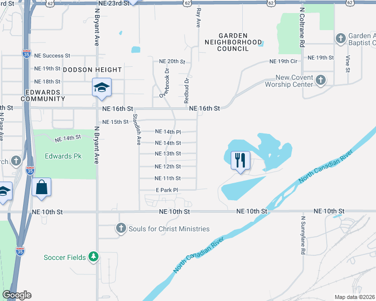 map of restaurants, bars, coffee shops, grocery stores, and more near 3324 Northeast 13th Street in Oklahoma City