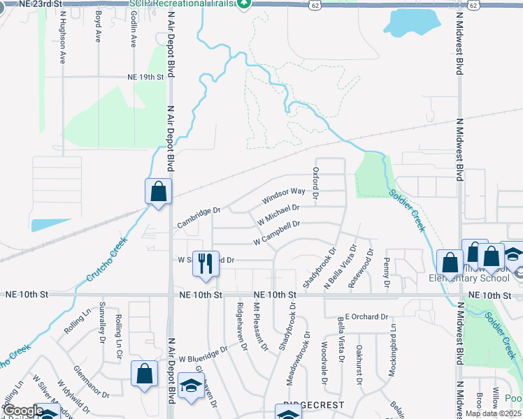 map of restaurants, bars, coffee shops, grocery stores, and more near 266 Windsor Way in Midwest City