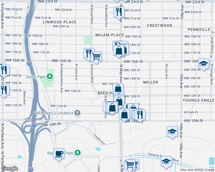 map of restaurants, bars, coffee shops, grocery stores, and more near 2939 Northwest 12th Street in Oklahoma City