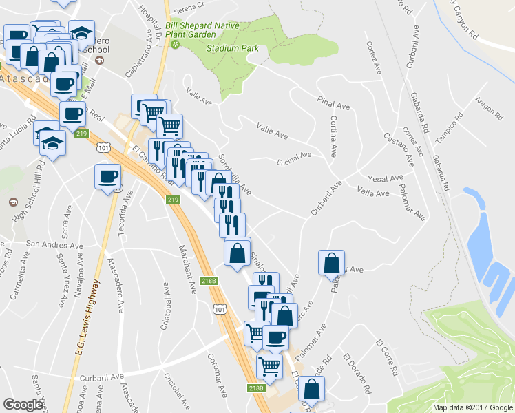 map of restaurants, bars, coffee shops, grocery stores, and more near 7520 Sombrilla Avenue in Atascadero