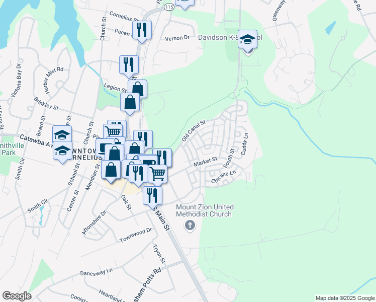 map of restaurants, bars, coffee shops, grocery stores, and more near 19737 Playwrights Way in Cornelius