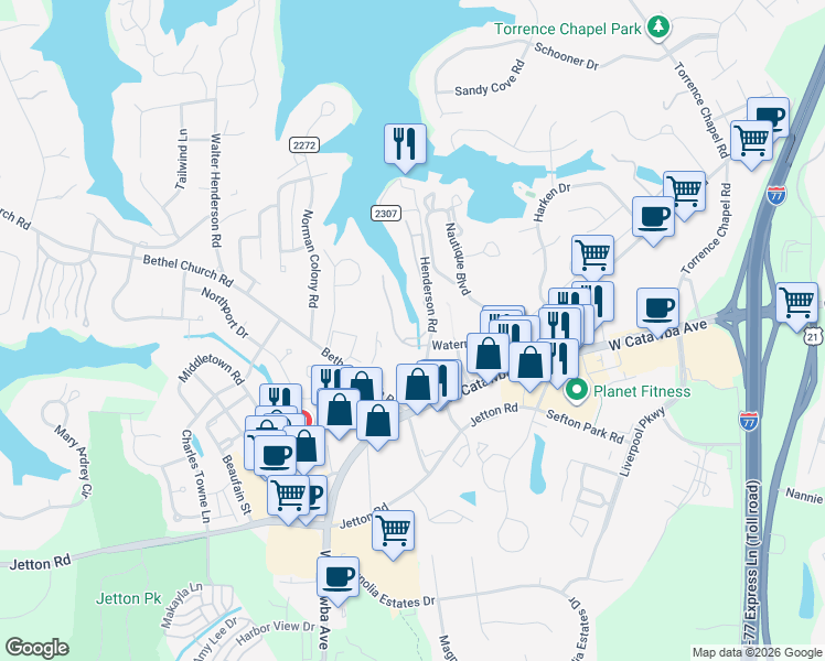 map of restaurants, bars, coffee shops, grocery stores, and more near 19839 Henderson Road in Cornelius