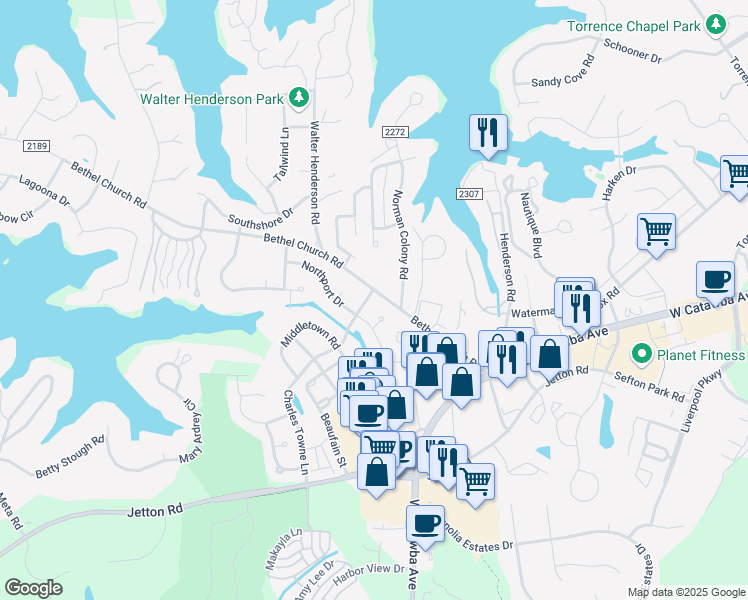 map of restaurants, bars, coffee shops, grocery stores, and more near 19730 Charles Towne Lane in Cornelius