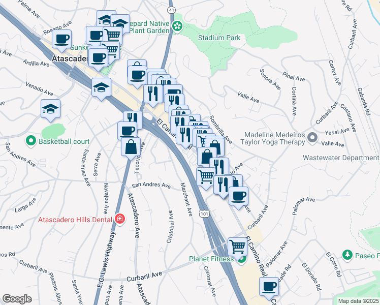 map of restaurants, bars, coffee shops, grocery stores, and more near 7350 El Camino Real in Atascadero