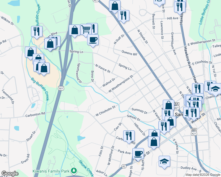 map of restaurants, bars, coffee shops, grocery stores, and more near 543 West Weatherspoon Street in Sanford