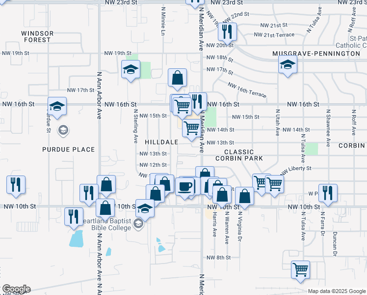 map of restaurants, bars, coffee shops, grocery stores, and more near 1309 North Meridian Avenue in Oklahoma City