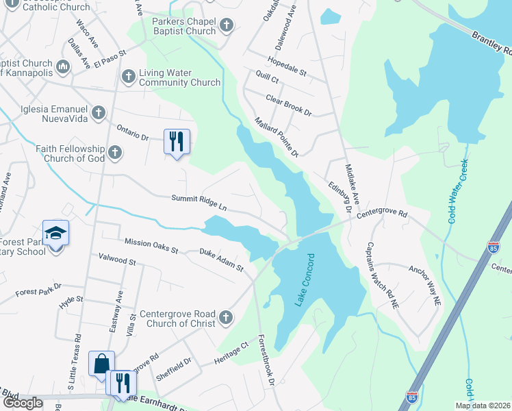 map of restaurants, bars, coffee shops, grocery stores, and more near 1913 Summit Ridge Lane in Kannapolis