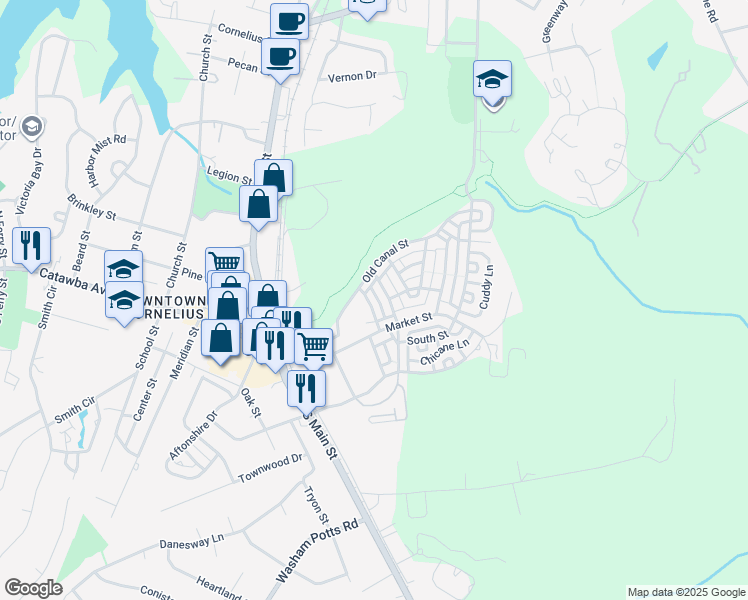 map of restaurants, bars, coffee shops, grocery stores, and more near 19737 Playwrights Way in Cornelius