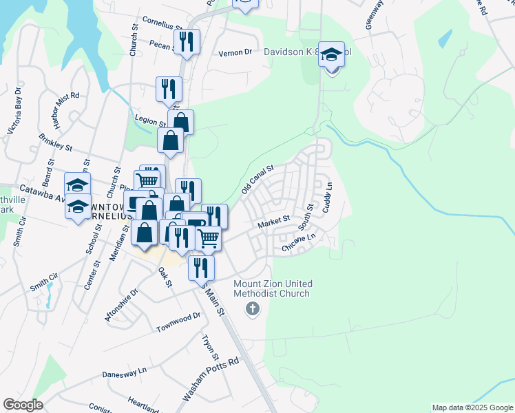 map of restaurants, bars, coffee shops, grocery stores, and more near 19866 Lamp Lighters Way in Cornelius