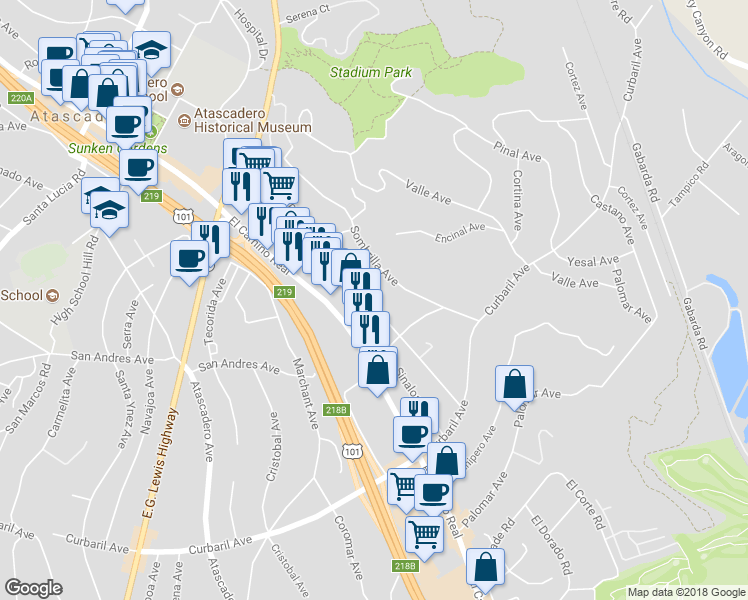 map of restaurants, bars, coffee shops, grocery stores, and more near 7411 Santa Ysabel Avenue in Atascadero