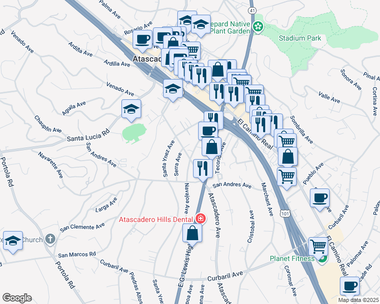 map of restaurants, bars, coffee shops, grocery stores, and more near 6750 Navajoa Avenue in Atascadero