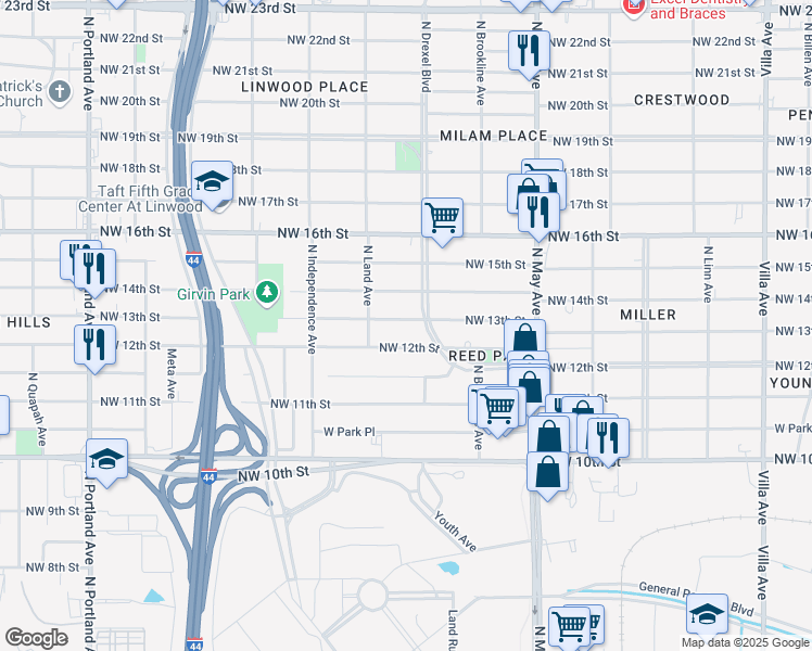 map of restaurants, bars, coffee shops, grocery stores, and more near 3116 Northwest 13th Street in Oklahoma City
