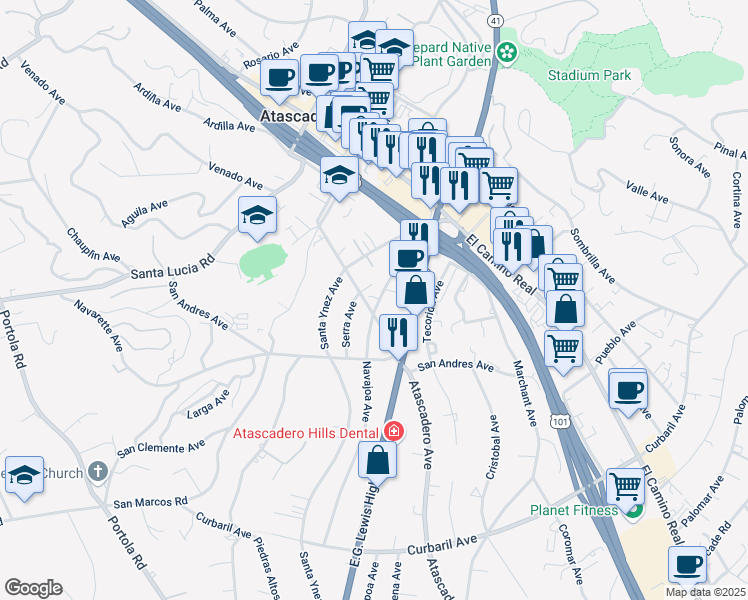 map of restaurants, bars, coffee shops, grocery stores, and more near 6885 Atascadero Avenue in Atascadero