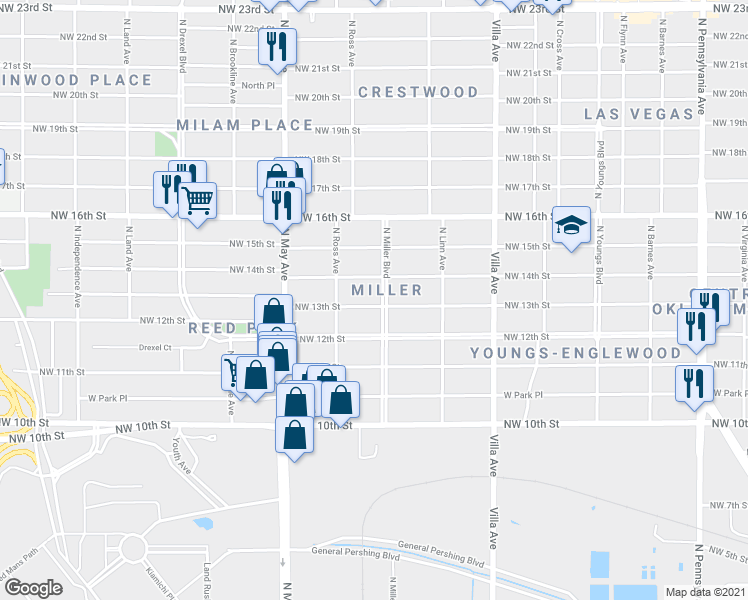 map of restaurants, bars, coffee shops, grocery stores, and more near 2700 Northwest 13th Street in Oklahoma City