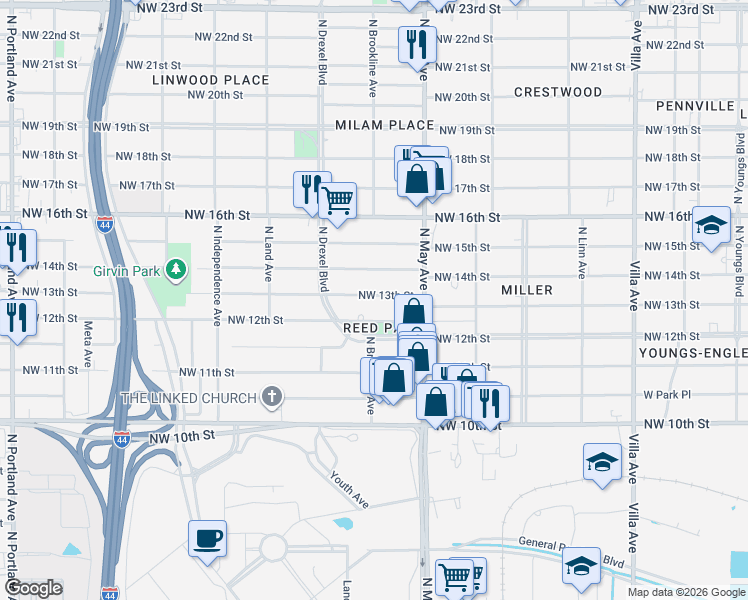map of restaurants, bars, coffee shops, grocery stores, and more near 2939 Northwest 12th Street in Oklahoma City