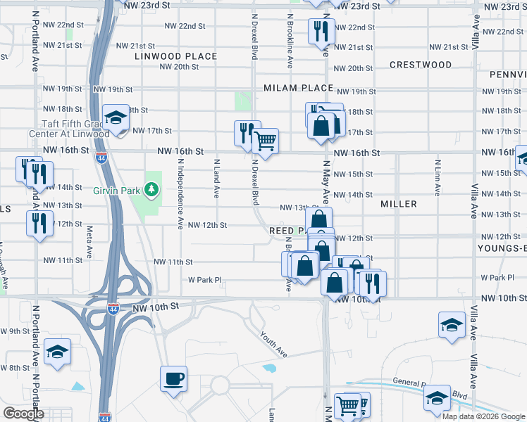 map of restaurants, bars, coffee shops, grocery stores, and more near 3025 Northwest 12th Street in Oklahoma City