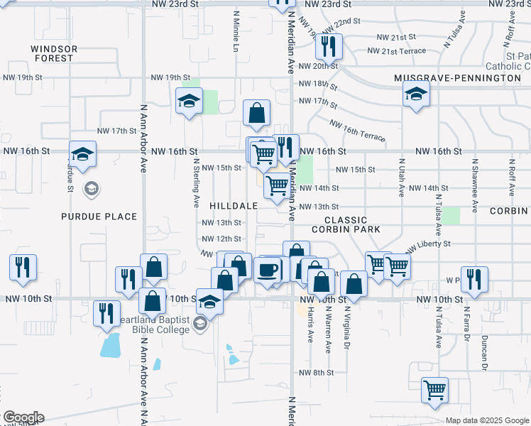 map of restaurants, bars, coffee shops, grocery stores, and more near 1309 North Meridian Avenue in Oklahoma City