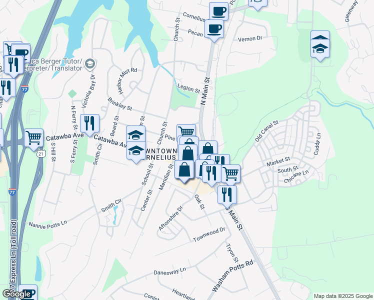 map of restaurants, bars, coffee shops, grocery stores, and more near 20125 North Main Street in Cornelius