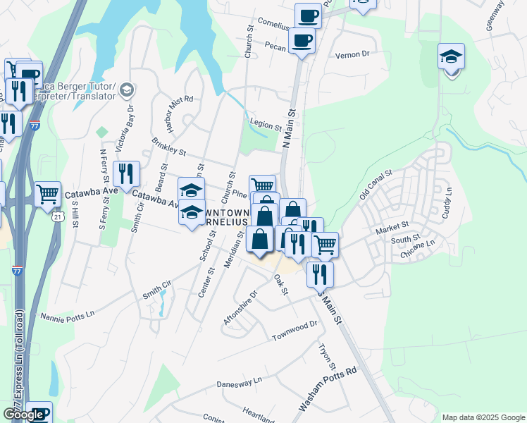 map of restaurants, bars, coffee shops, grocery stores, and more near 20125 North Main Street in Cornelius