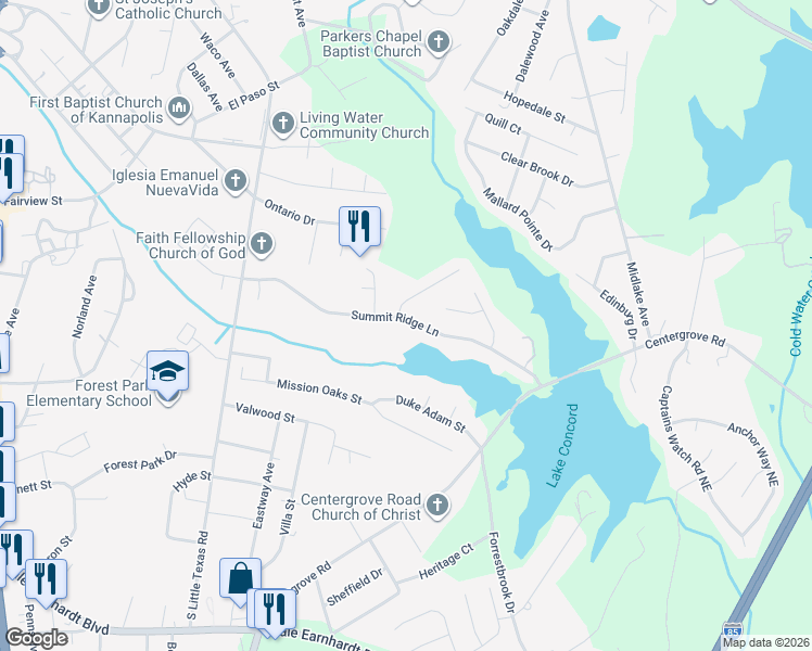 map of restaurants, bars, coffee shops, grocery stores, and more near 1760 Summit Ridge Lane in Kannapolis