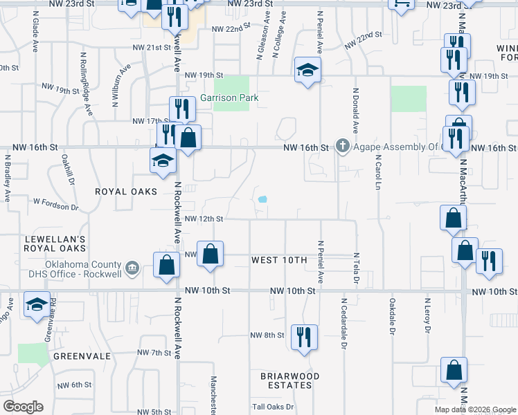 map of restaurants, bars, coffee shops, grocery stores, and more near 6809 Northwest 12th Street in Oklahoma City