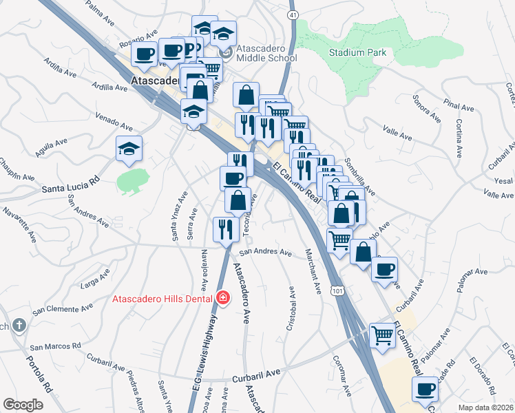 map of restaurants, bars, coffee shops, grocery stores, and more near 6265 Tecorida Avenue in Atascadero
