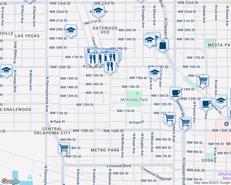 map of restaurants, bars, coffee shops, grocery stores, and more near 1612 Northwest 13th Street in Oklahoma City
