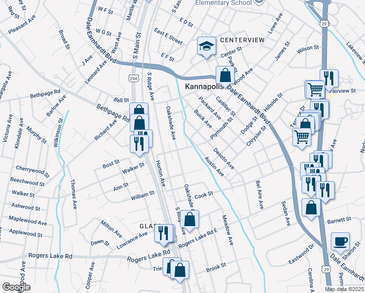map of restaurants, bars, coffee shops, grocery stores, and more near 305 Plymouth Street in Kannapolis