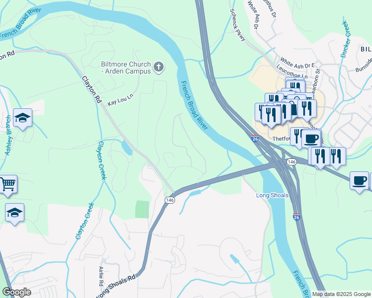 map of restaurants, bars, coffee shops, grocery stores, and more near 25 Clayton Road in Arden