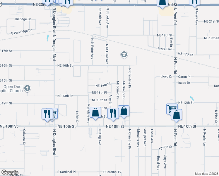 map of restaurants, bars, coffee shops, grocery stores, and more near 9420 Northeast 13th Place in Midwest City