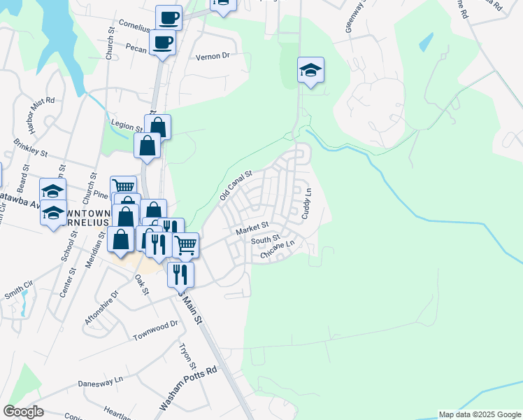 map of restaurants, bars, coffee shops, grocery stores, and more near 22218 Market Street in Cornelius