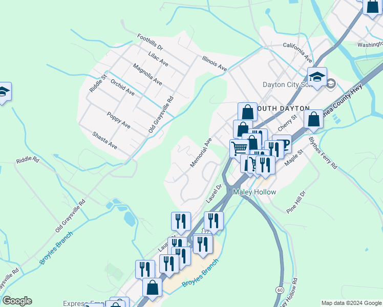 map of restaurants, bars, coffee shops, grocery stores, and more near 248 Barnard Circle in Dayton