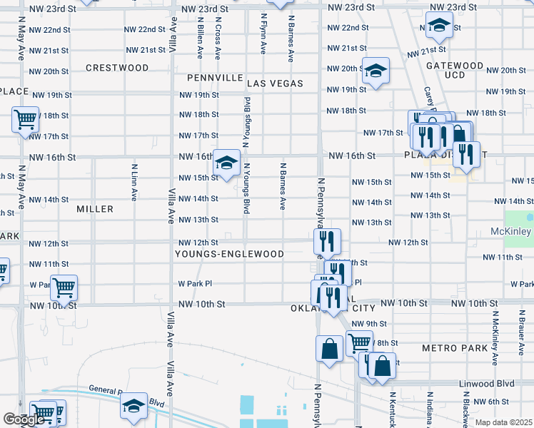 map of restaurants, bars, coffee shops, grocery stores, and more near 2220 Northwest 13th Street in Oklahoma City