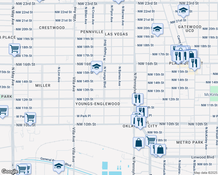 map of restaurants, bars, coffee shops, grocery stores, and more near 2220 Northwest 13th Street in Oklahoma City