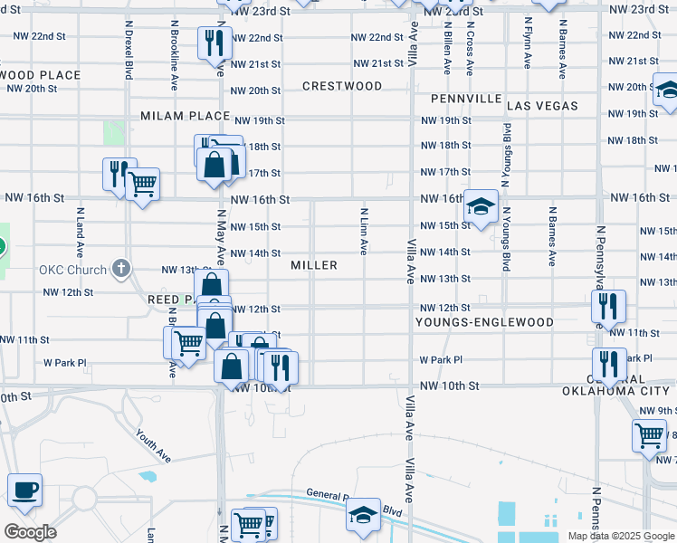 map of restaurants, bars, coffee shops, grocery stores, and more near 2622 Northwest 13th Street in Oklahoma City