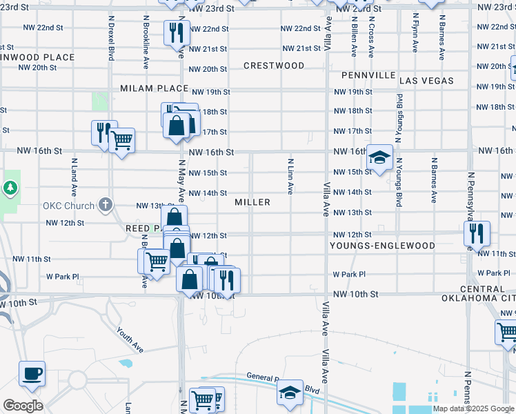 map of restaurants, bars, coffee shops, grocery stores, and more near 2700 Northwest 13th Street in Oklahoma City