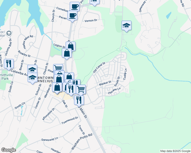 map of restaurants, bars, coffee shops, grocery stores, and more near 19725 Playwrights Way in Cornelius