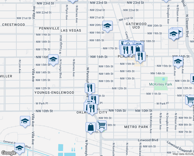 map of restaurants, bars, coffee shops, grocery stores, and more near 2001 Northwest 13th Street in Oklahoma City